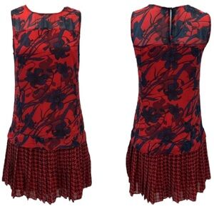 ABERCROMBIE & FITCH Floral Houndstooth Drop Waist Pleated Mini Dress Red Blue 10